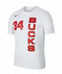 2019 NBA Milwaukee Bucks White #34 Cotton T-shirt-CS