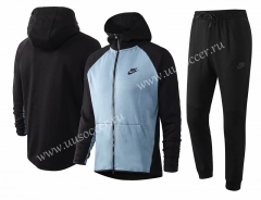 2020-2021 Nike Light Blue With Black Sleeve With Hat Soccer Jacket Uniform-815