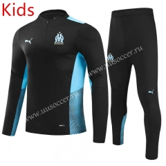 21-22  Olympique de Marseille Black LS Kids/Youth Soccer Tracksuit Uniform-GDP