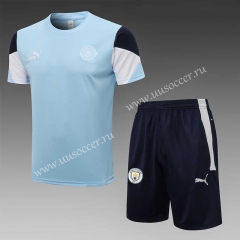 21-22 Manchester City Light Blue Priting Short-sleeved Thailand Soccer Tracksuit-815