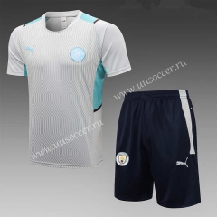 21-22 Manchester City Light Gray Priting Short-sleeved Thailand Soccer Tracksuit-815