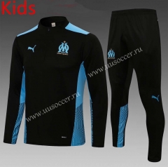21-22  Olympique de Marseille Black LS Kids/Youth Soccer Tracksuit Uniform-815