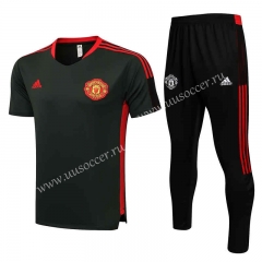 2021-2022 Manchester United Dark Green Short-sleeved Thailand Soccer Tracksuit Uniform-815
