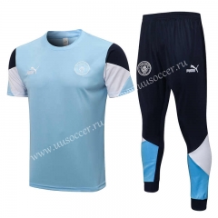 21-22 Manchester City Light  Blue Short-sleeved Thailand Soccer Tracksuit-815