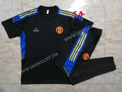 2021-2022 Champions League Manchester United Black Short-sleeved Thailand Soccer Tracksuit Uniform-815