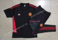 2022-23  Manchester United Black Short-sleeved Thailand Soccer Tracksuit Uniform-815