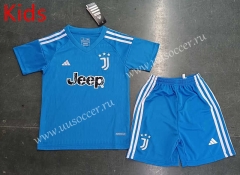 2023-24 Juventus Goalkeeper Blue kids Soccer Uniform-8679