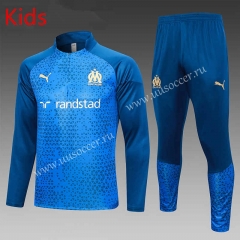 2023-2024 Olympique Marseille Cyan Kids/Youth Thailand Soccer Tracksuit-815