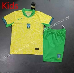 2023-24   Brazil Home Yellow  kids  Soccer Uniform-8679