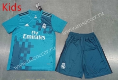 Retro Version 17-18 Real Madrid 2nd Away Blue Kids/Youth Soccer Uniform-8679