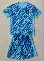 2024-25 Portugal Goalkeeper Lake Blue Kids/Youth Soccer Uniform-AY